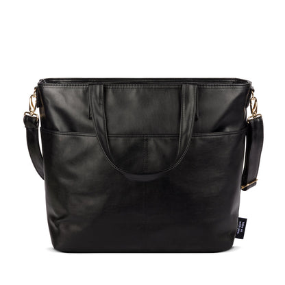 Black leather crossbody bag with gold-toned hardware and D-ring attachments