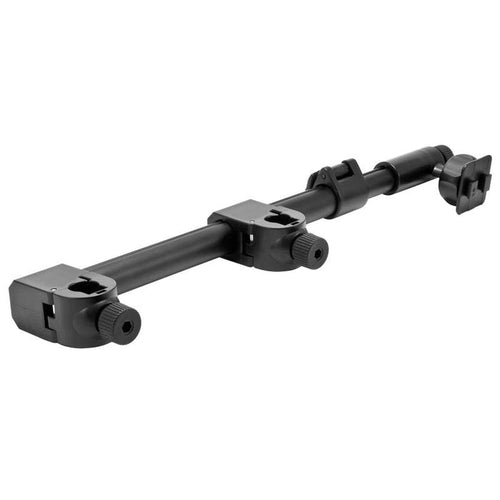 The Headrest Car Seat Mounting Pedestal - Dual-T Compatible is a black adjustable extension arm with telescoping brackets, knobs, and clamps on both ends for mounting equipment to a universal seat mounting pedestal.