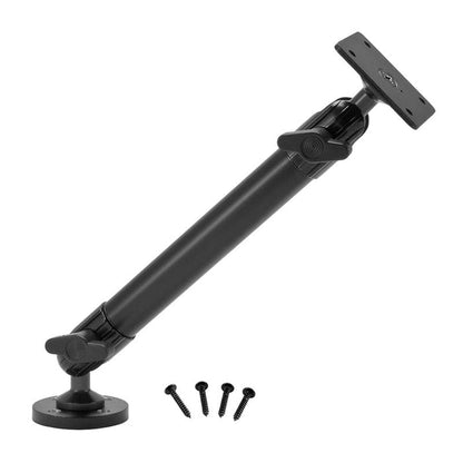 The Heavy Duty AMPS Mounting Pedestal features a 10 adjustable arm with two locking knobs, a round 4-hole drill base, and a rectangular AMPS plate. Four black screws are included in front of the base.
