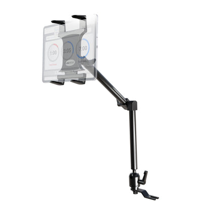 The Heavy-Duty Car or Truck Seat Rail Tablet Mount features a 22 extendable arm and securely grips your tablet, similar to a car mount. The holder is shown attached to a seat rail with a semi-transparent tablet to demonstrate device placement.