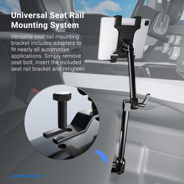 The Heavy-Duty Car or Truck Seat Rail Tablet Mount with 22 Arm attaches securely to your vehicle’s seat rail; close-up highlights the mounting bolt and bracket, showcasing its universal automotive seat rail mounting system.