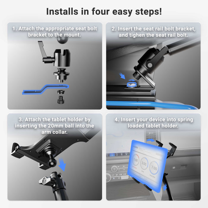 Four illustrated steps show how to install the Heavy-Duty Car or Truck Seat Rail Tablet Mount with 22 Arm: attach the seat bolt bracket, insert the seat rail bolt, place the tablet holder on the arm, and insert a tablet into the holder.