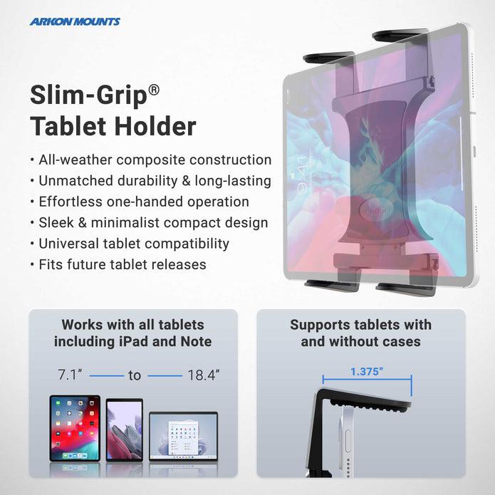 A graphic for the Slim-Grip® Universal Tablet Holder - AMPS Pattern Compatible showcases its all-weather build, one-handed use, compact design, 4-Hole AMPS mounting, and fit for tablets from 7.1 to 18.4 inches with or without cases.