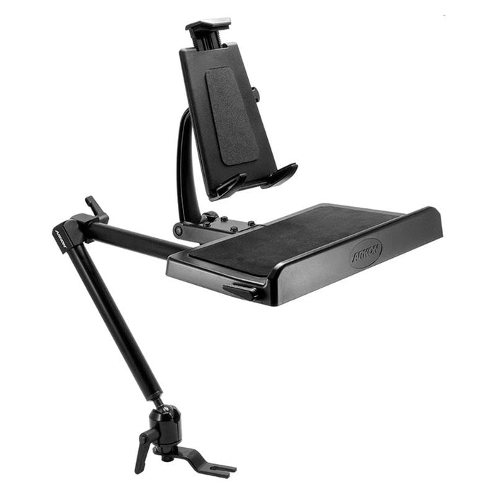 The Heavy-Duty Car Seat Rail Tablet Mount with Keyboard Tray Combo securely holds your devices above a work surface, featuring an adjustable arm, flat tray platform, and phone holder for added convenience.