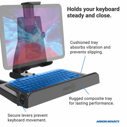 The Heavy-Duty Car Seat Rail Tablet Mount with Keyboard Tray Combo features a rugged cushioned tray, vibration absorption, anti-slip surface, adjustable tablet mount levers for stability, and a durable composite tray for long-lasting use.