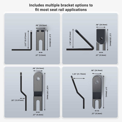 Four heavy-duty seat rail or floor mounting brackets for the 22 adjustable Dual-T compatible pedestal are shown from several angles, with measurements and features highlighted to show compatibility with most seat rail setups. Text: Includes multiple bracket options.