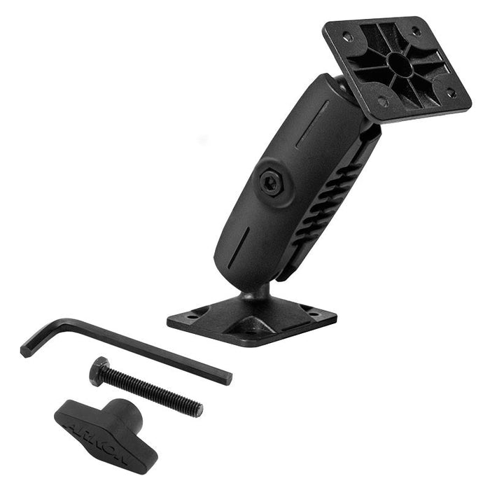 The Heavy-Duty Drill-Base Mount with Security Hardware and AMPS Head includes a black adjustable bracket, two base plates, a swivel joint, hex key, threaded bolt, and T-handle—all arranged on a white background.