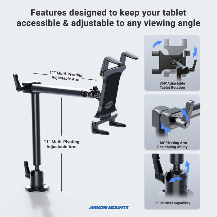 The Heavy-Duty Drill-Base Tablet Mount with 22 Arm features a fully adjustable tablet arm, 360° tablet rotation, 180° arm pivoting, and a 360° swivel base for flexible viewing. Arkon Mounts branding appears at the bottom.