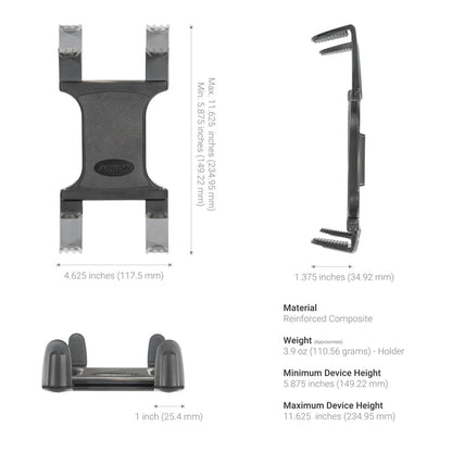 The Heavy-Duty Drill-Base Tablet Mount with 22 Arm is shown in black from three angles with measurements—fits devices 5.875–11.625 high, 4.625 wide, and 1.375 deep; made of reinforced composite and weighs 3.9 oz.