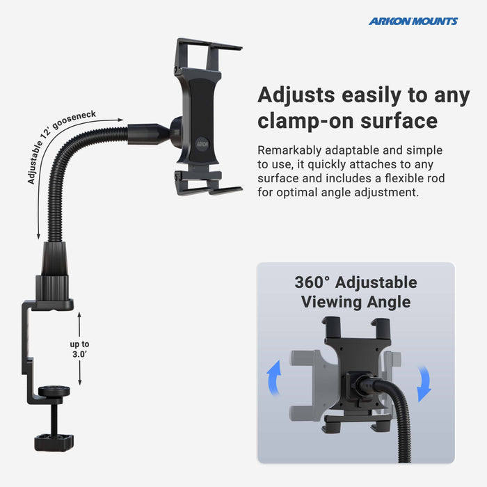 Image of the Heavy-Duty Slim-Grip® Tablet Clamp Mount featuring a clamp pedestal, 12-inch adjustable gooseneck, and 360° rotating cradle. Text highlights easy surface attachment and a flexible rod for optimal viewing angles.