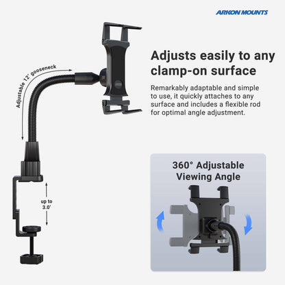 Image of the Heavy-Duty Slim-Grip® Tablet Clamp Mount featuring a clamp pedestal, 12-inch adjustable gooseneck, and 360° rotating cradle. Text highlights easy surface attachment and a flexible rod for optimal viewing angles.