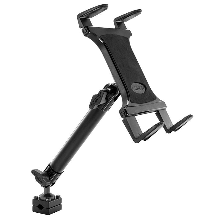 The Heavy-Duty Slim-Grip® Tablet Headrest Mount with 10 Arm is a black adjustable tablet holder with a clamp base and extendable arm, perfect for rear seat entertainment by securely holding devices for passengers.