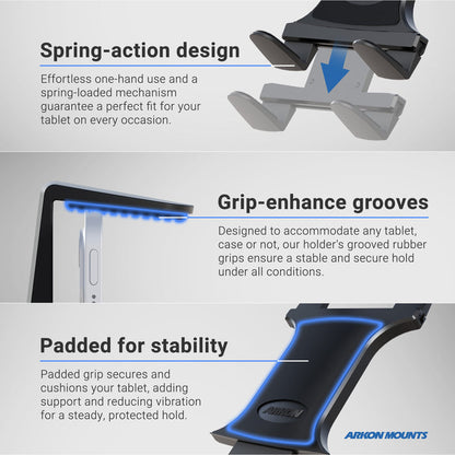 Close-up images of the Heavy-Duty Slim-Grip® Tablet Headrest Mount with 10 Arm show its spring-action design, grip-enhance grooves, and padded grips for easy use, secure hold, and protection. Arkon Mounts logo appears at the bottom right.