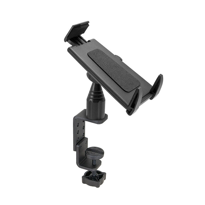 The Heavy-Duty Table or Desk Tablet Clamp Mount with 4 Arm for iPad, Note, and more features cushioned grips, an articulating arm, and a clamp base for secure mounting on desk or table edges. Ideal for positioning your device at different angles.