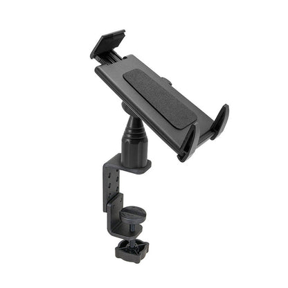 The Heavy-Duty Table or Desk Tablet Clamp Mount with 4 Arm for iPad, Note, and more features cushioned grips, an articulating arm, and a clamp base for secure mounting on desk or table edges. Ideal for positioning your device at different angles.