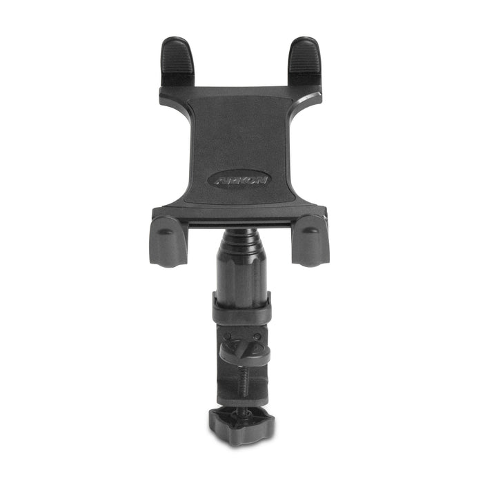 The Heavy-Duty Table or Desk Tablet Clamp Mount with 4 Arm securely holds your tablet with two top arms and two bottom supports, and attaches firmly to surfaces like tables or desks.