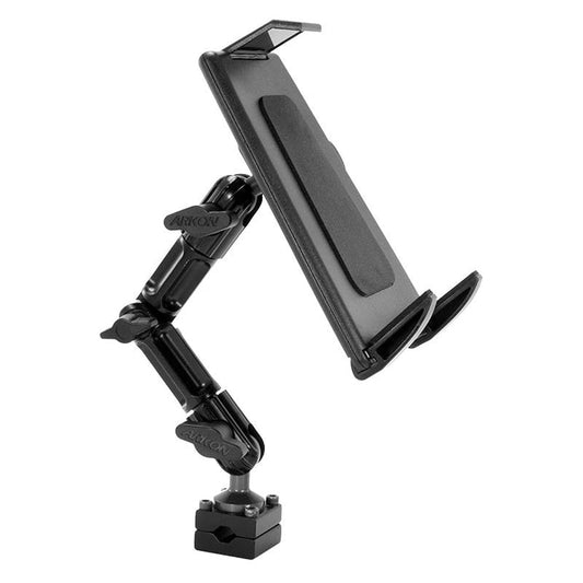 The Heavy-Duty Tablet Headrest Push-Button Multi-Angle Mount with 8 Arm securely holds tablets like iPad and Note for rear seat entertainment, featuring a black adjustable arm with joints, clamps, angled mount, and square base.