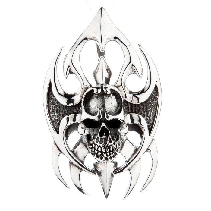 Front view of heavy sterling silver skull pendant with gothic blade design