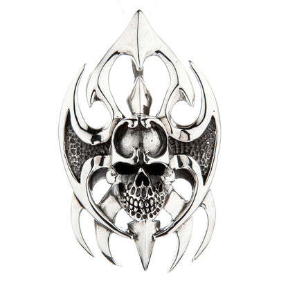 Front view of heavy sterling silver skull pendant with gothic blade design