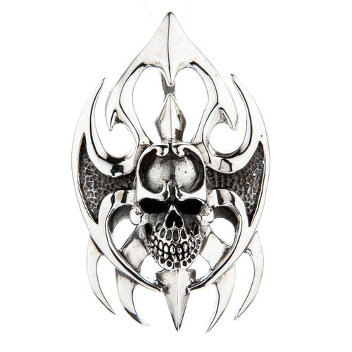 Front view of heavy sterling silver skull pendant with gothic blade design