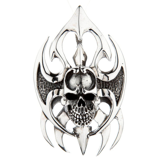 Front view of heavy sterling silver skull pendant with gothic blade design