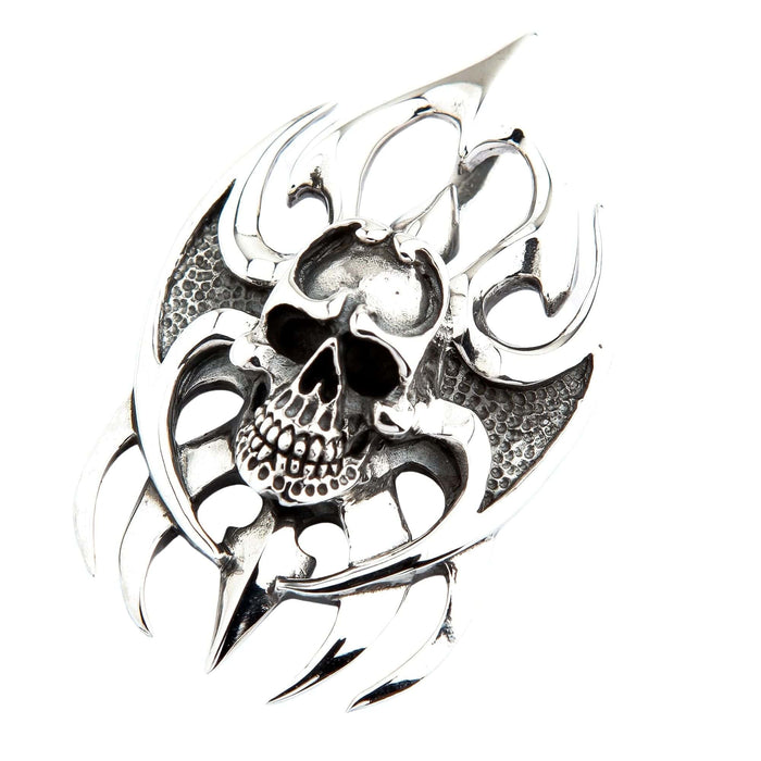 Angled view of heavy gothic blade skull pendant reflecting light
