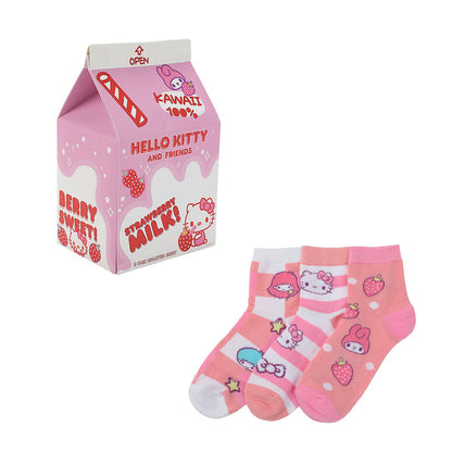 Hello Kitty - Strawberry Milk 3 Pair Quarter Crew Box Set Socks
