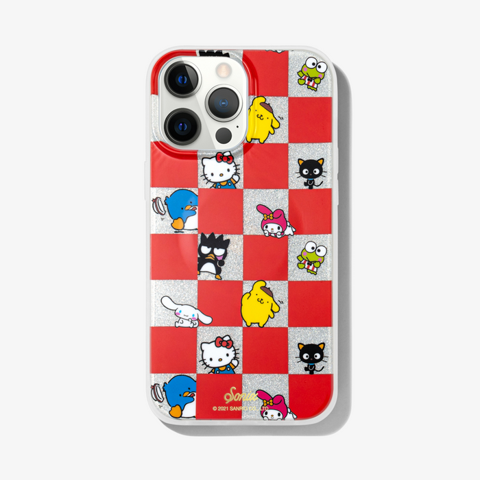 a silver glitter, red checkered print with all your favorite Sanrio® friends waving hello shown on an iphone 13 pro max