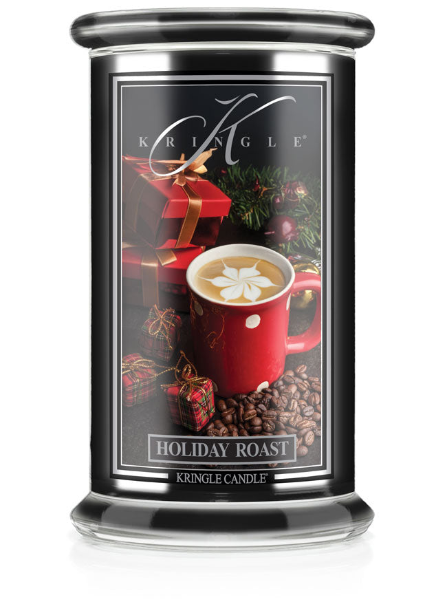 Kringle Candle Holiday Roast with coffee cup and gift box design on a white background