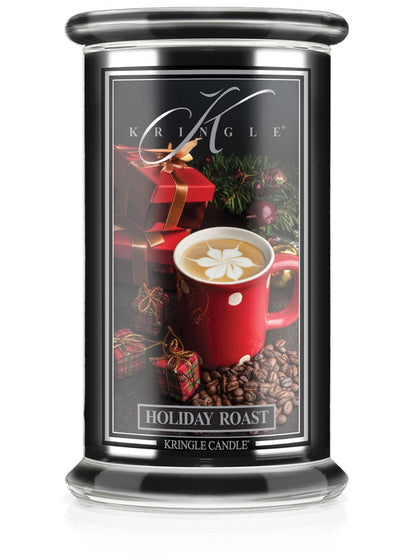 Kringle Candle Holiday Roast with coffee cup and gift box design on a white background