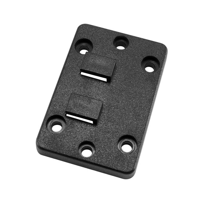 The Horizontal Male Dual T-Tab to 4-Hole Wide AMPS Adapter is a black plastic rectangular plate with six holes and two raised clips, ideal for hardware, structural fittings, or as a Dual-T-Slot holder for diverse mounting uses.
