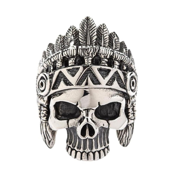 large sterling silver Indian chief skull ring with a detailed feathered headdress.