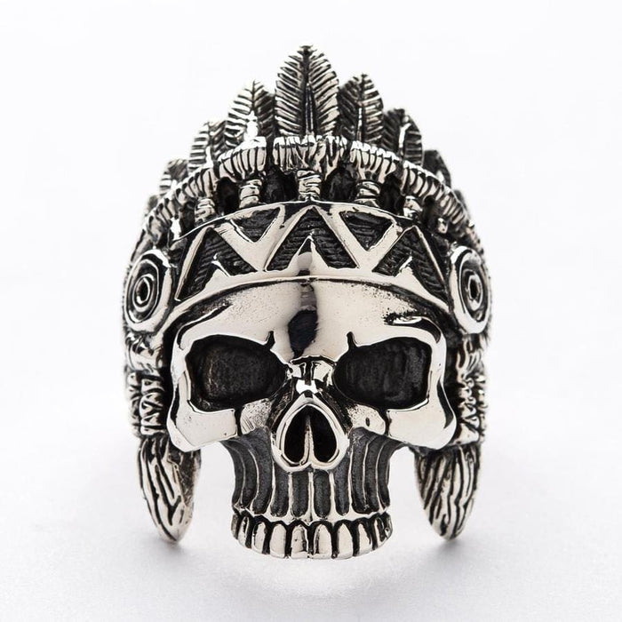 A massive statement biker ring that features the powerful and iconic Indian chief skull motif.