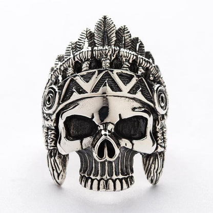 A massive statement biker ring that features the powerful and iconic Indian chief skull motif.