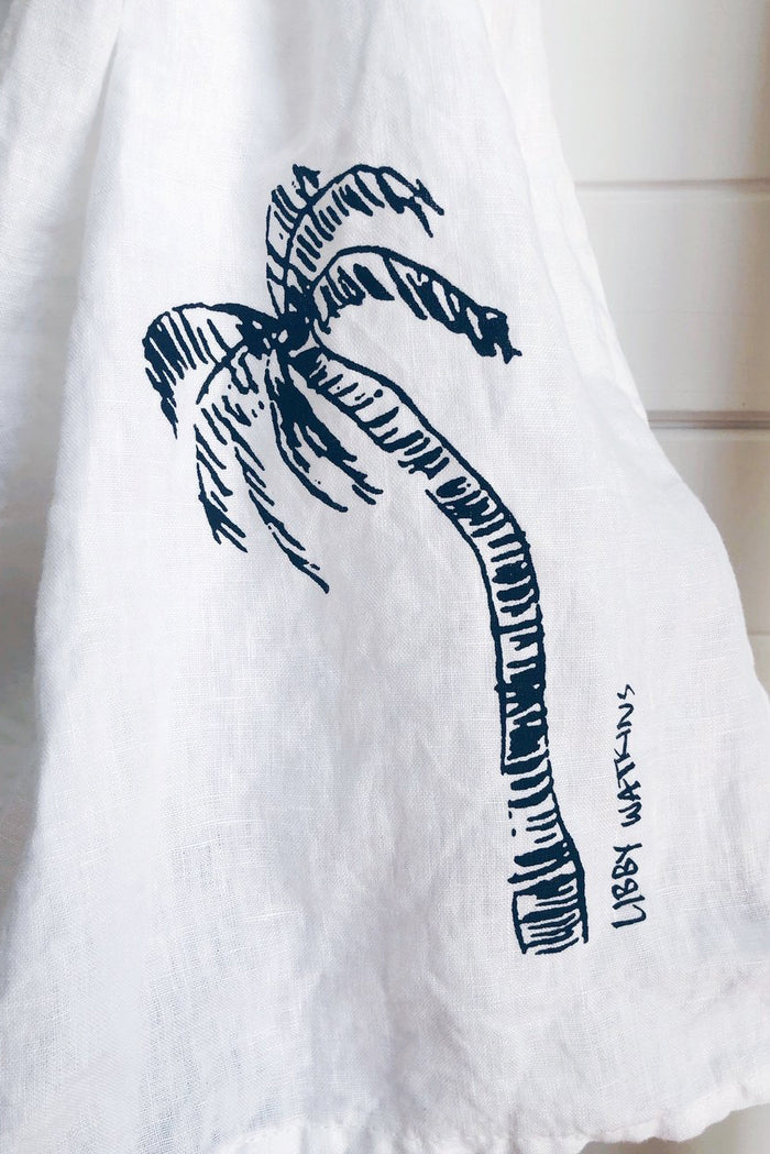Ink Palm 100% Linen Tea Towel - Cream