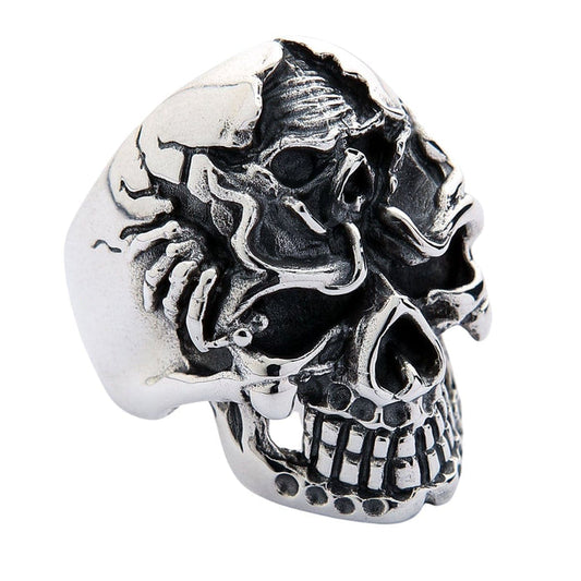 Side detail of the handcrafted silver biker ring displaying robust weight and artistry
