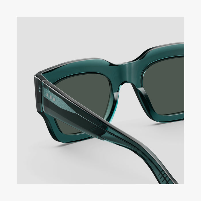 Crystal Emerald / Grey Green Lens | Close-up detail view of Intrados Sunglasses in Crystal Emerald with Grey Green Lens