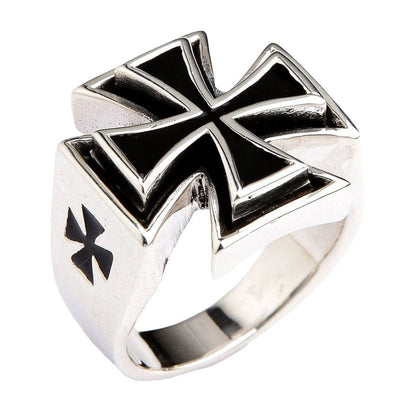 An angled view of the men's sterling silver iron cross ring with its black enamel inlay.