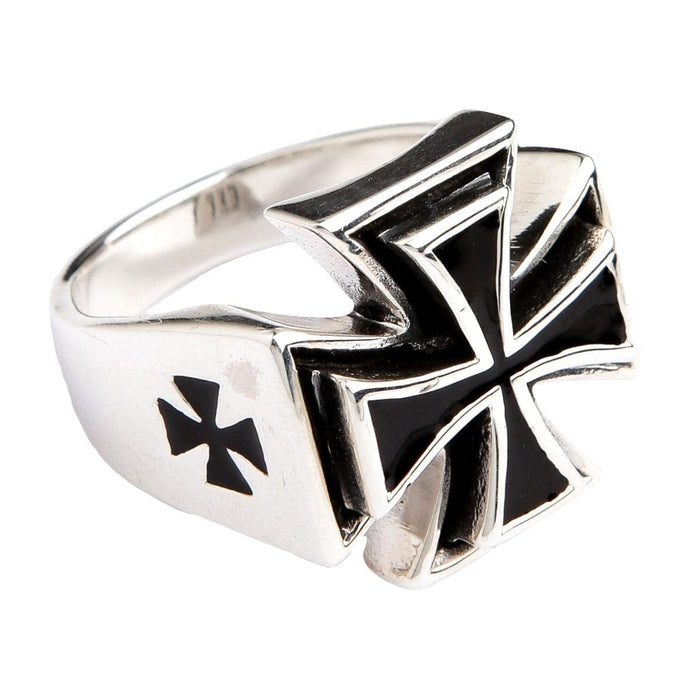 A side view of the biker ring, highlighting the small cutout iron cross detail on the solid silver band.