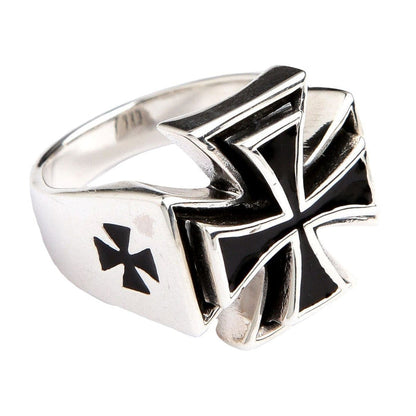 A side view of the biker ring, highlighting the small cutout iron cross detail on the solid silver band.