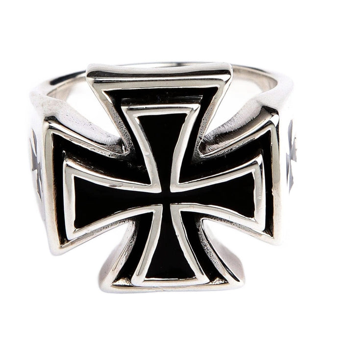 A direct front view of the sterling silver iron cross ring, emphasizing its three-dimensional shape.