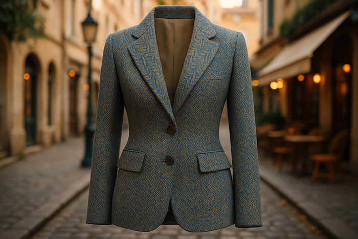 a lovely ladies jacket detailed light street background  Italian Herringbone Wool - Blue / Yellow