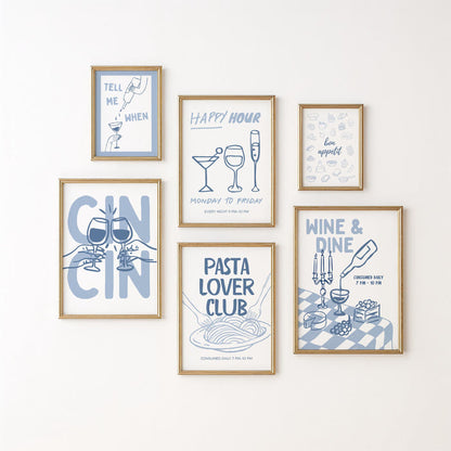 Kitchen Wall Art Set of 12, Italian Kitchen Prints, Retro Food Poster Bundle, Pasta & Wine Gallery Wall, Blue Kitchen Decor, Printable Art