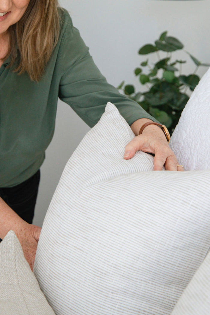 Jaipur Textured French Linen Feather Filled Cushion - White with Natural Pinstripe - 55cm Square