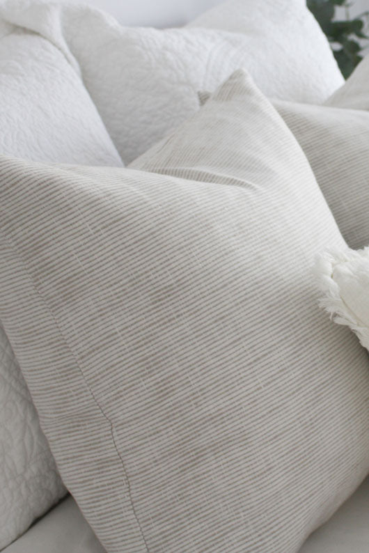 Jaipur Textured French Linen Feather Filled Cushion - White with Natural Pinstripe - 55cm Square