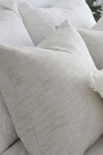 Jaipur Textured French Linen Feather Filled Cushion - White with Natural Pinstripe - 55cm Square