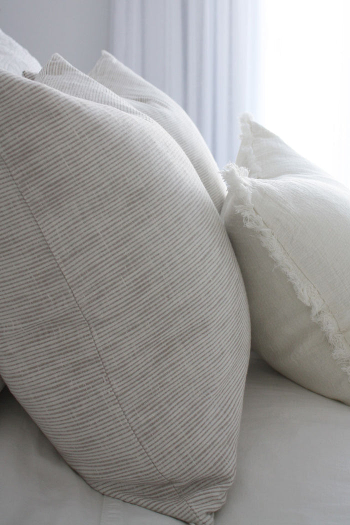 Jaipur Textured French Linen Feather Filled Cushion - White with Natural Pinstripe - 55cm Square