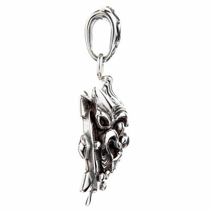 Vertical side angle of the silver Oni mask highlighting the flat back plate, deep 3D facial relief, and attached bail.