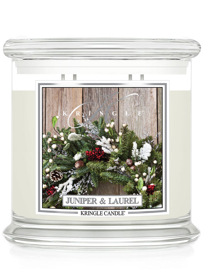Kringle Candle with 'Juniper & Laurel' design on a white background