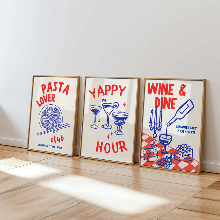 Kitchen Print Set, Food Wall Art Set of 3, Retro Happy Hour Digital Prints, Pasta Club Gallery Wall Set, Wine & Dine Trendy Wall Art